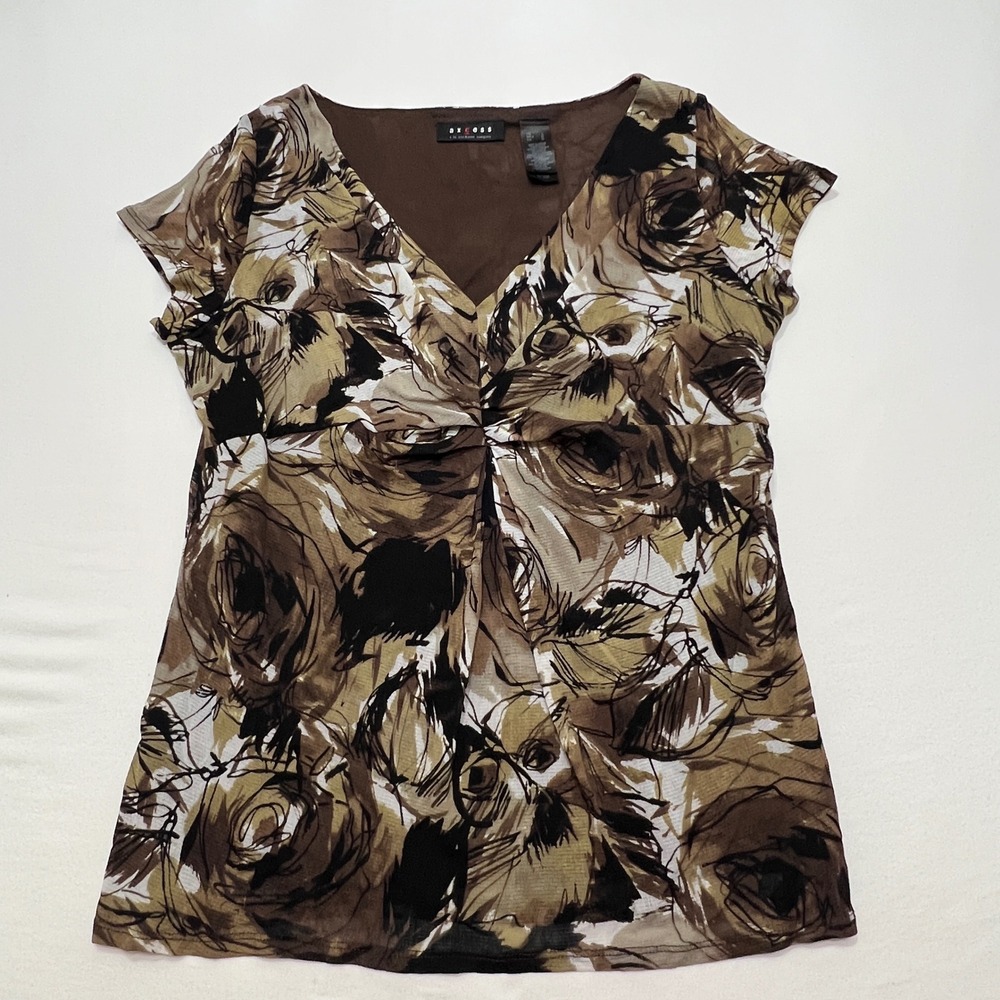 Axcess Liz‎ Claiborne Women Large Blouse Floral Sheer Lined V Neck Cap Sleeve